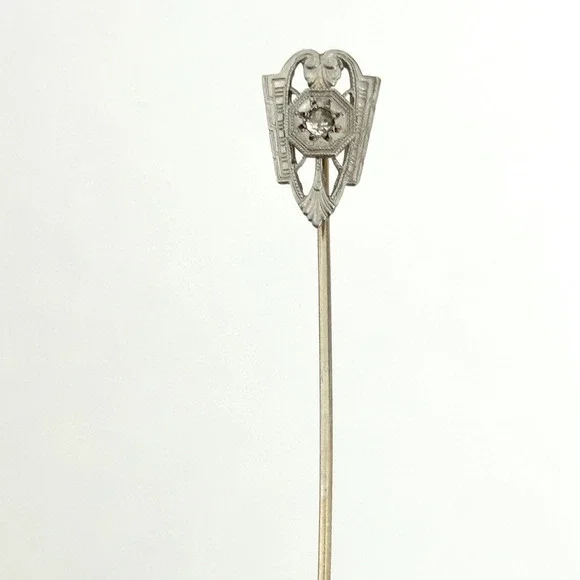 Antique 14K Solid Gold & Platinum Face Diamond Stick Pin 2.5" - Picture 1 of 15